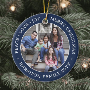 2 Photo Peace Love Joy Merry Xmas Navy Blue White Ceramic Tree Decoration