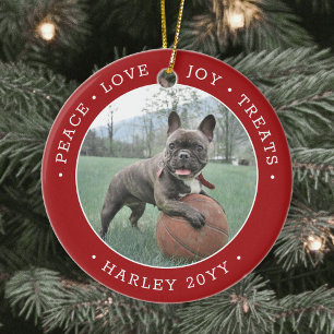 2 Photo Peace Love Joy Treats Cute Dog Red & White Ceramic Tree Decoration