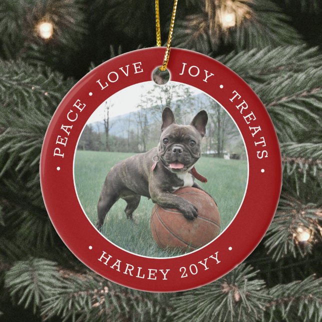 2 Photo Peace Love Joy Treats Cute Dog Red & White Ceramic Tree Decoration (Creator Uploaded)