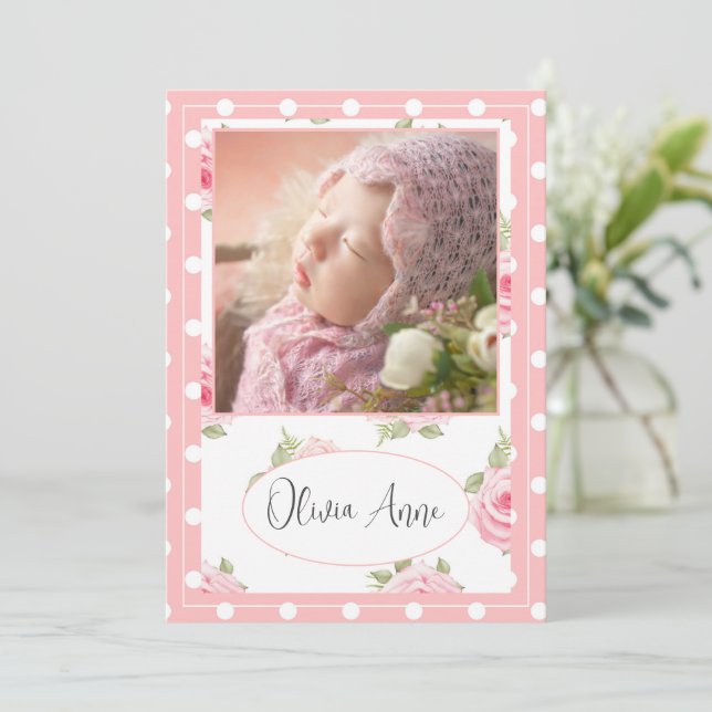 2 Photo Pink Rose Polkadot Baby Girl Birth Announcement (Standing Front)