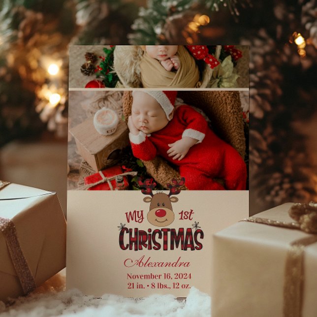 2 Photo Plaid Reindeer Baby First Christmas  Holiday Card (Creator Uploaded)