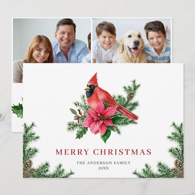 2 PHOTO Poinsettia Red Cardinal Christmas Greeting Holiday Card (Front/Back)