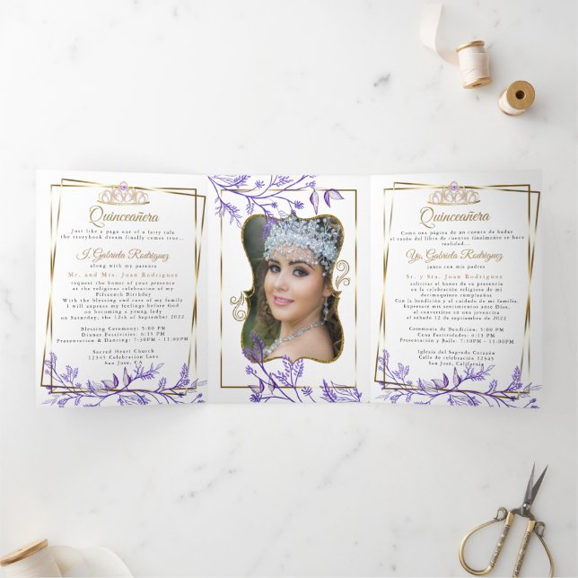 2 Photo Purple Foliage Mis Quince Años Tri-Fold Invitation (Inside)