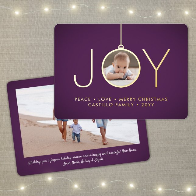 2 Photo Purple Modern Joy Christmas Ornament Foil Holiday Card (Creator Uploaded)