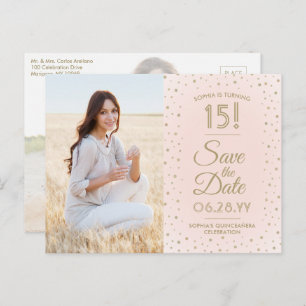 2 Photo Quinceanera Blush Pink Gold Save the Date Invitation Postcard