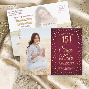 2 Photo Quinceanera Burgundy Gold Save the Date Invitation Postcard