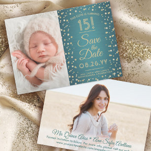 2 Photo Quinceanera Elegant Teal Blue Gold Glitter Save The Date