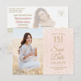 2 Photo Quinceanera Save the Date Pink and Gold Invitation Postcard