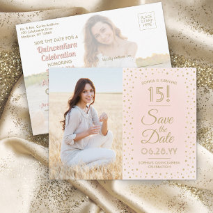 2 Photo Quinceanera Save the Date Pink and Gold Invitation Postcard