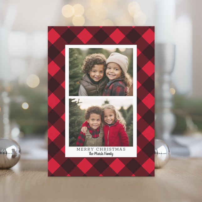 2 Photo Red Black Buffalo plaid - Merry Christmas Holiday Card (Photo Christmas Card)