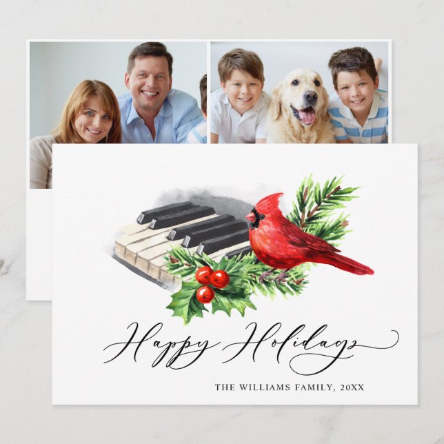 2 PHOTO Red Cardinal Holly Berry Christmas Holiday Card (Front/Back)