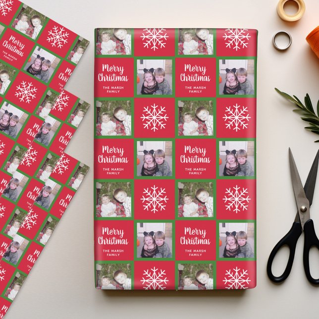 2 Photo - Red Green Merry Christmas Snowflakes Wrapping Paper Sheet (Personalized Wrapping Paper - add photos to this festive holiday design)