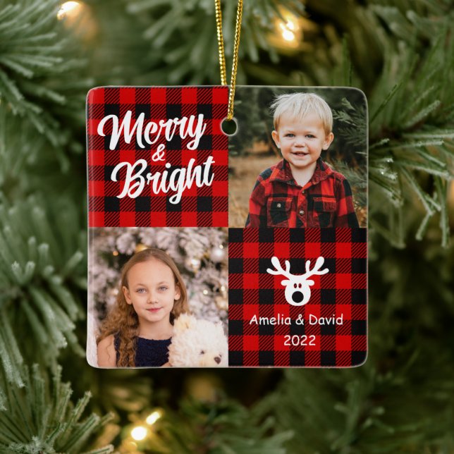 2 Photo Red Plaid Children Christmas Ceramic Ornam Ceramic Ornament (Tree)