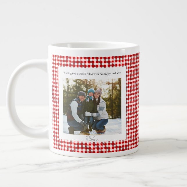 2 Photo Red Plaid Rustic Monogram Trendy Christmas Large Coffee Mug (Left)