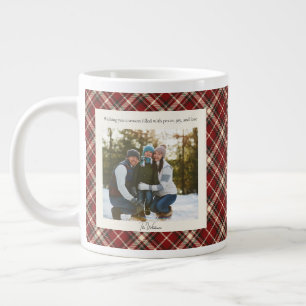 2 Photo Red Plaid Rustic Monogram Trendy Christmas Large Coffee Mug