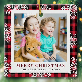 2 Photo Red Plaid Snowflakes Merry Christmas Ceramic Ornament