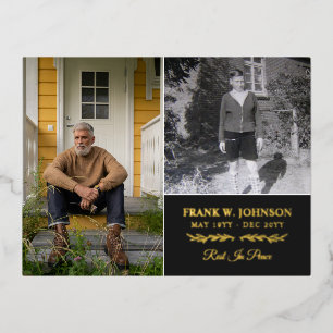 2 Photo Rest In Peace Funeral Gold Foil Invitation Postcard