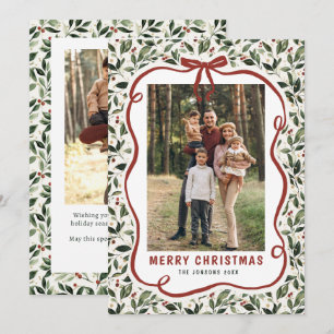 2 Photo Retro Christmas Hand Drawn Red Bow Ribbon Holiday Card