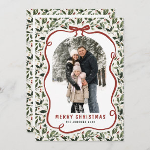2 Photo Retro Christmas Hand Drawn Red Bow Ribbon Holiday Card