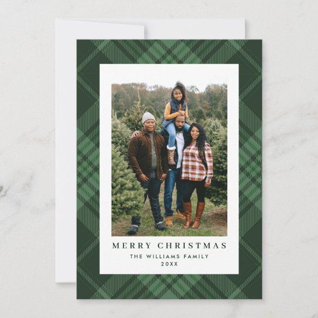 2 Photo Retro Christmas Plaid Tartan Greeting Holiday Card (Front)