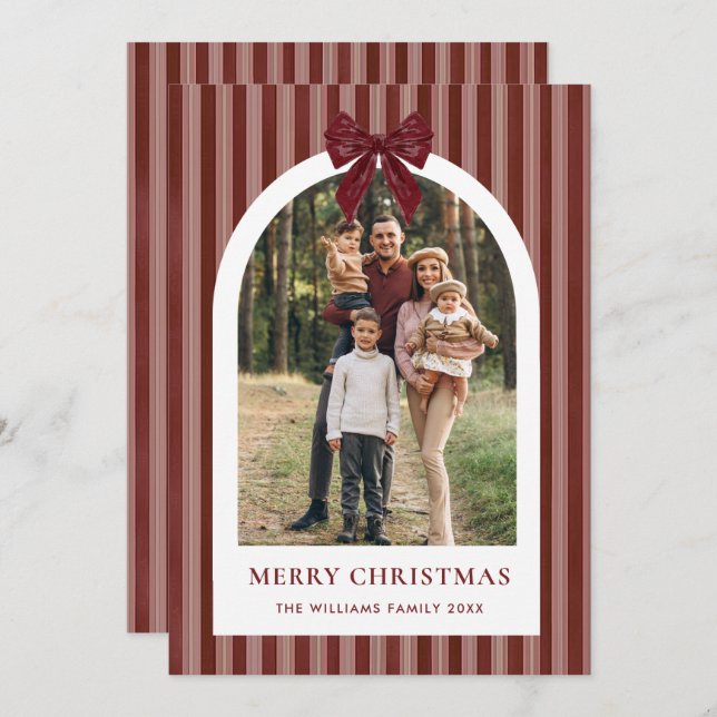 2 Photo Retro Christmas Red Bow Burgundy Stripped Holiday Card (Front/Back)