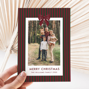 2 Photo Retro Christmas Red Bow Green Stripped Holiday Card