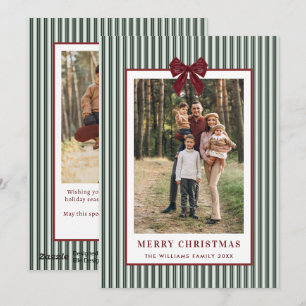 2 Photo Retro Christmas Red Bow Green Stripped Holiday Card