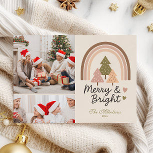 2 Photo Retro Neutral Rainbow Merry & Bright  Holiday Card