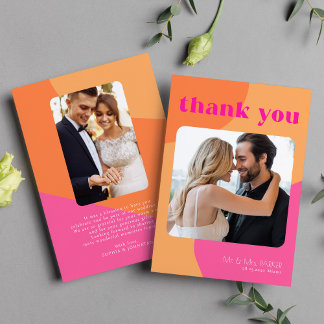2 photo retro pink orange wedding thank you card