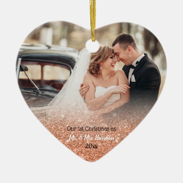 2 Photo Rose Gold First Christmas Mr. Mrs. Ceramic Tree Decoration (Front)