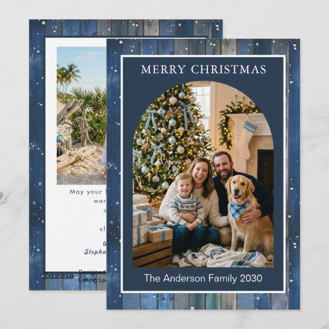 2 Photo Rustic Blue Arch Frame Holiday Card (Front/Back)