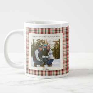 2 Photo Rustic Green Red Plaid Monogram Christmas Large Coffee Mug
