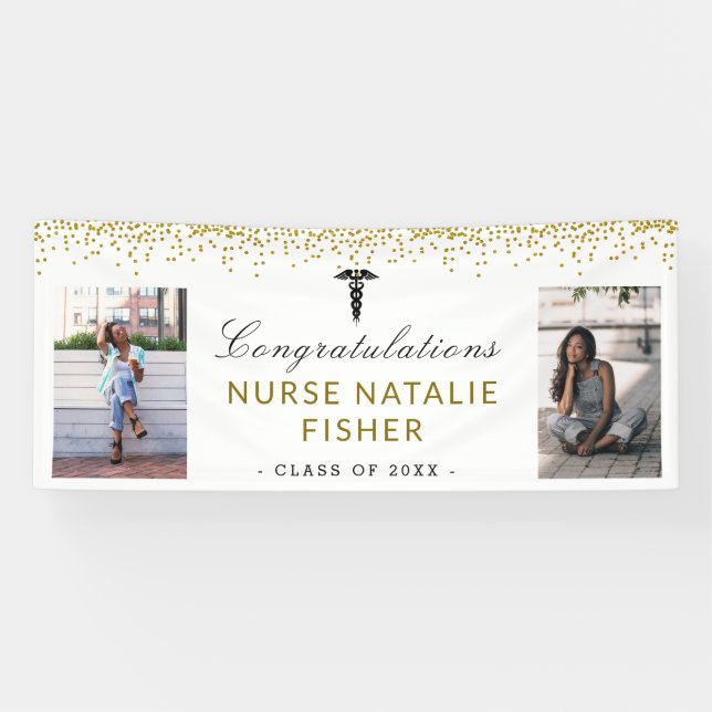2 Photo Script Congratulations Nurse Gold Confetti Banner (Horizontal)