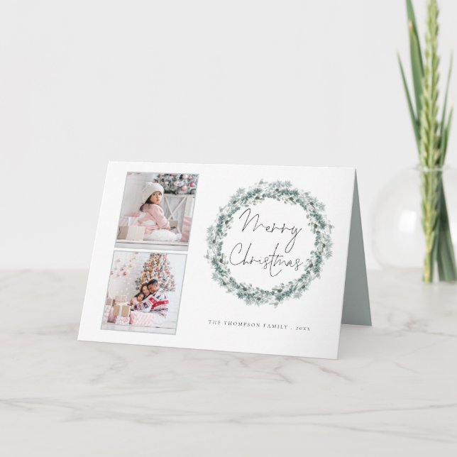 2 Photo Script Teal Foliage Wreath Merry Christmas Holiday Card (Front)