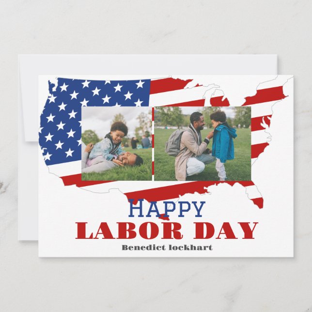 2 Photo Simple Elegant Labour Day with USA flag Thank You Card (Front)
