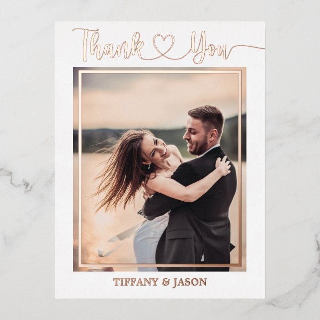 2 Photo Simple Elegant Wedding Hand Lettered Heart Foil Holiday Postcard (Front)