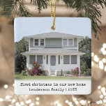 2 Photo Simple Typewriter Christmas Housewarming Ceramic Ornament<br><div class="desc">Celebrate the joy of your new place with a custom two photo "First Christmas in our New Home" square ceramic ornament. All text and pictures on this template are simple to personalise and can be different or the same on front and back. (IMAGE DESIGN TIP: To centre the photo exactly...</div>