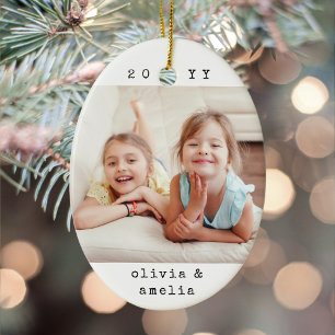 2 Photo Simple Typewriter Year Minimalist Keepsake Ceramic Tree Decoration