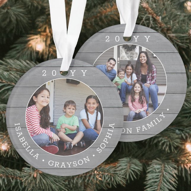 2 Photo Simple Typography Year Grey Faux Wood Ornament (Creator Uploaded)