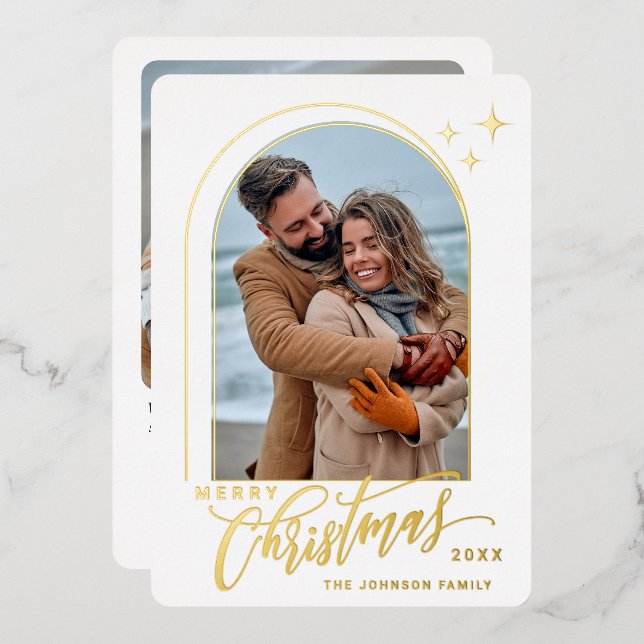 2 PHOTO Simply Elegant Sparkle Christmas Gold Foil Holiday Card (Front/Back)