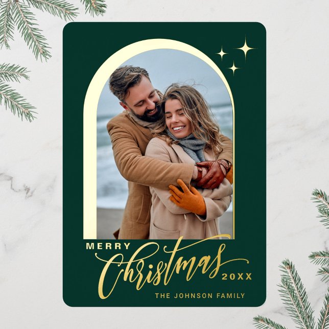 2 PHOTO Simply Elegant Sparkle Christmas Gold Foil Holiday Card (Creator Uploaded)