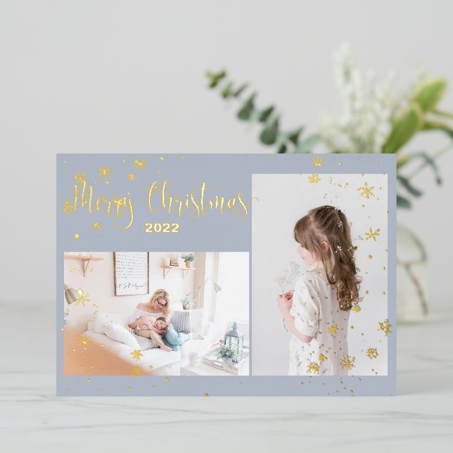 2 photo Snowflakes Christmas Gold Photo Card (Standing Front)