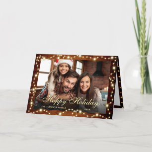 2 PHOTO Sparkle Christmas Lights Rustic Greeting Holiday Card