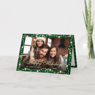 2 PHOTO Sparkle Christmas Lights Rustic Greeting Holiday Card