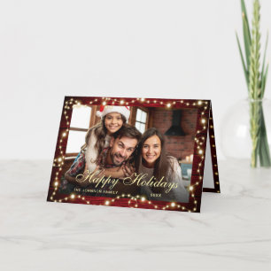 2 PHOTO Sparkle Christmas Lights Rustic Greeting Holiday Card