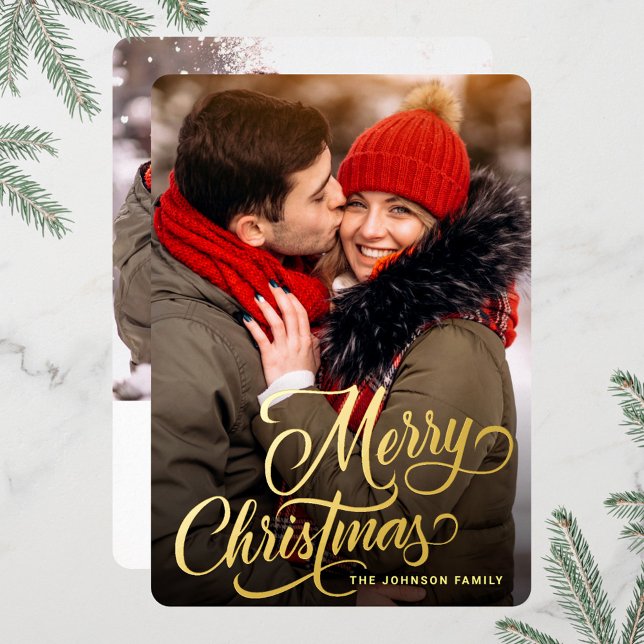 2 PHOTO Sparkle Merry Christmas Greeting Gold Foil Holiday Card (Creator Uploaded)
