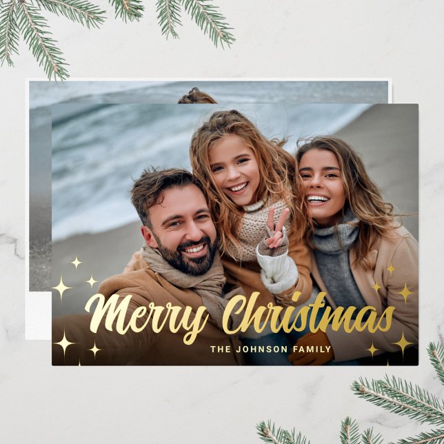 2 PHOTO Sparkle Merry Christmas Greeting Gold Foil Holiday Card (Creator Uploaded)
