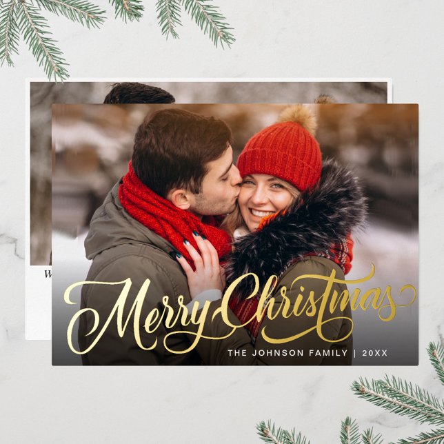 2 PHOTO Sparkle Merry Christmas Greeting Gold Foil Holiday Card (Creator Uploaded)