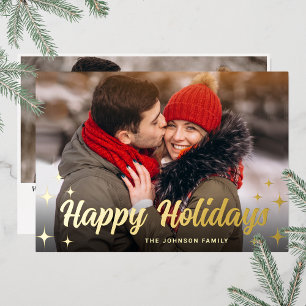 2 PHOTO Sparkle Merry Christmas Greeting Gold Foil Holiday Card