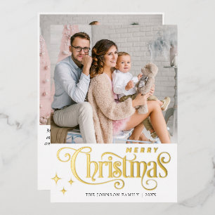 2 PHOTO Sparkle Merry Christmas Greeting Gold Foil Holiday Card